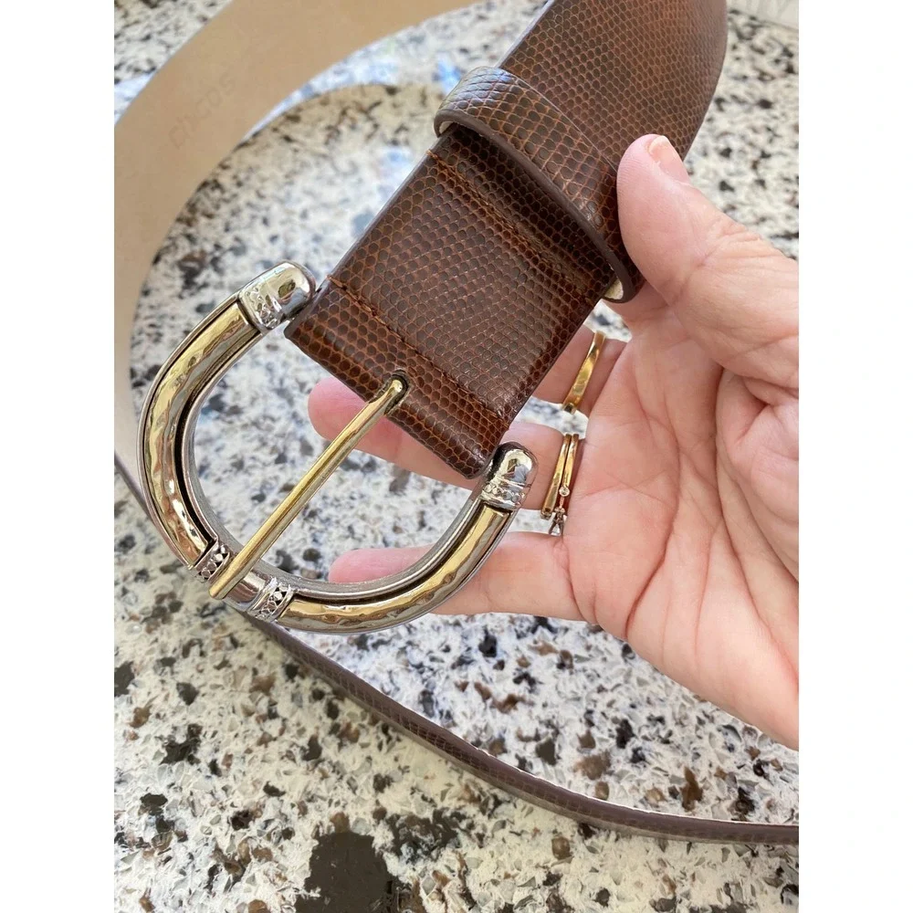 Chico's Lizard Embossed Statement Belt Womens S Brown Excellent Two Tone Buckle